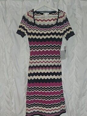 London Times Navy Blue, Cream & Purple Chevron Knit Midi Dress